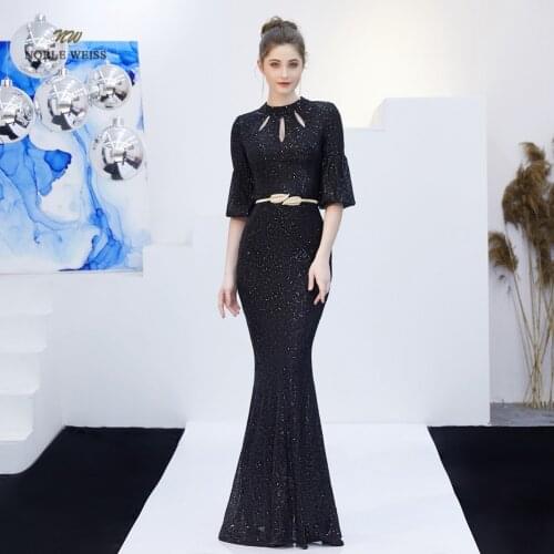 Elegant Mermaid Long Evening Dress Black Sequin Zipper Back Sexy Party Dresses Prom Gown With Sleeves