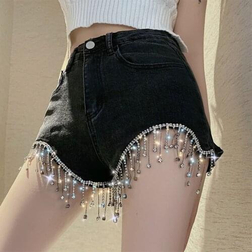 Rhinestone Fringed High Waist Denim Shorts Flash Wimens High-end Diamond Tassel Short Jeans Hot Pants Female Summer Shorts