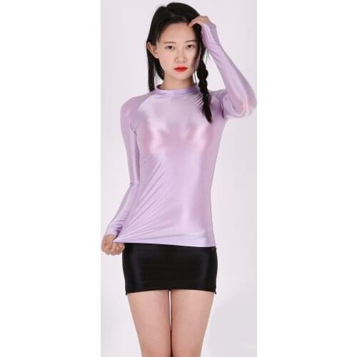 Fashion T-Shirt Sexy Women Shiny Long Sleeves Tops Glossy Suit High Neck Leotards Compression Sports Shirt Gym Tight Breathable