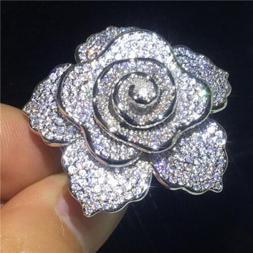 Big Flower Promise ring White Gold Filled AAAAA Cz Stone Statement wedding band ring for women Bridal Party Finger jewelry