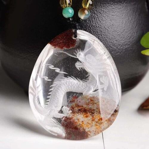 Flower Natural Ghost Crystal Pendant Hand Carved Dragon Pendants Sweater Chain Necklace Lucky for Women Men Crystal Jewelry