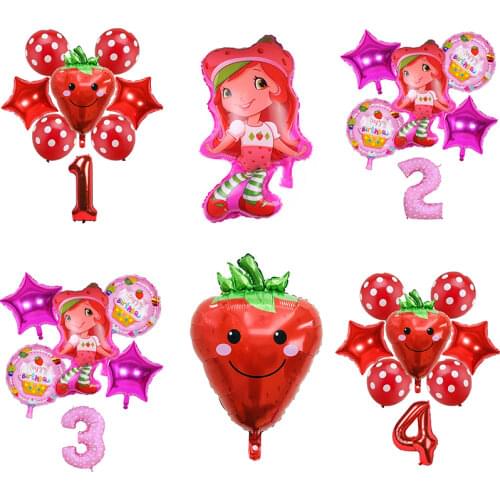 Cartoon Fruit Strawberry Series Aluminum Foil Number Balloons Baby Shower Birthday Party Decorations Supplies Girls Favors Gifts