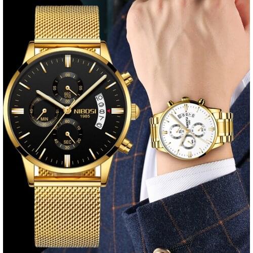 NIBOSI Men Watch Chronograph Quartz Gold Black Stainless Steel Quartz Watches Mesh Strap Sport Military Watch Relogio Masculino