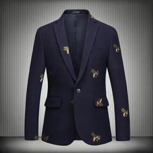 VIANKANI Mens Fashion Autumn Winter Quality Luxurious Bee Embroidery Woolen Blazer Wedding Prom Singers Blazers Costume M-6XL