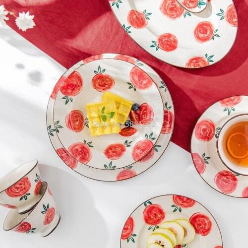 Ceramic Rose Tableware Set Noodles Steak Salad Plate Soup Spoon Rice Bowl Milk Mug Sauce Dish Kitchen Tools