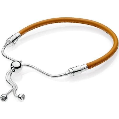 NEW 2018 New 100% 925 Sterling Silver Moments Golden Tan Leather Sliding Bracelet Charm Women of Fashion DIY Gift Jewelry