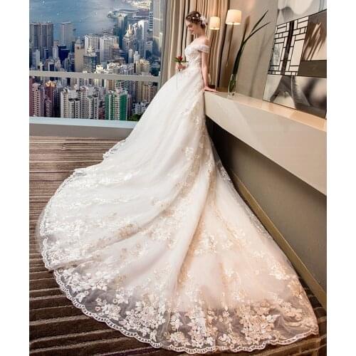 New Romantic Boat neck Elegant Princess Wedding Dress 2019 Short Sleeves Appliques Celebrity Ball Gown vestido De Noiva