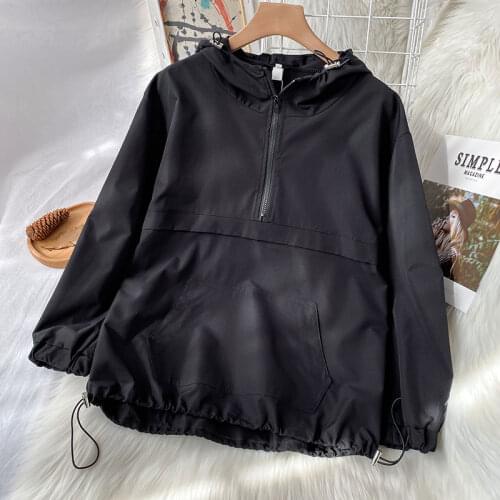 2021 New Spring Clothes Lazy Style Top Womens Black Half Zipper Hooded Sportswear