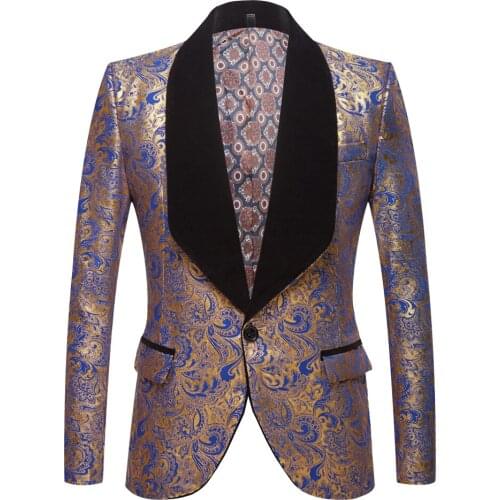 Mens gold plated black collar suit Set Wedding Gold Floral Pattern Slim Fit Party Prom Dress Tuxedo Singers Costume jacket