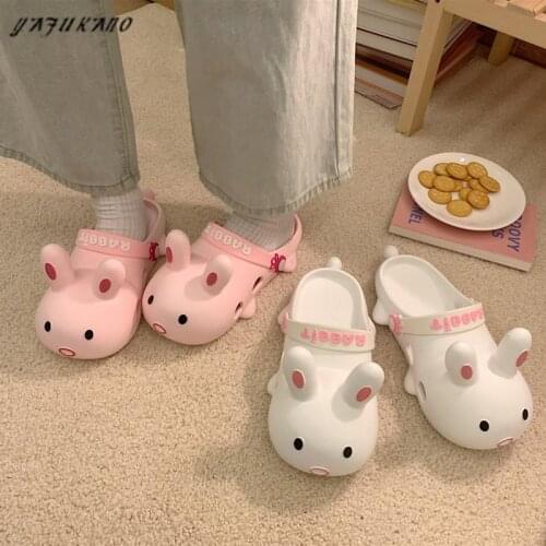 Sweet Cute Cartoon Rabbit Hole Shoes Female Summer Students Outdoor Soft Sole Non-Slip Girl Slides Casual Beach Sandals Slippers