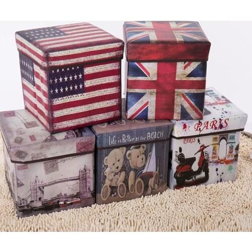 European-style retro-printing film-covered receptacle stool receptacle box multi-functional folding storage stool with cover for