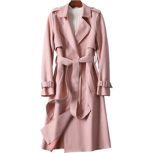 Spring Autumn Pink Long Trench Coat Women Fashion Sim Belt Classic Trench Elegant Ladies Business Windbreaker Outerwear Female