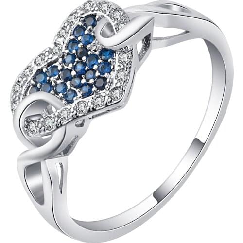 UFOORO Latest Heart Rings Female White Gold Filled Bijoux Pave Darl Blue CZ Zircon Jewelry for Women Custom Jewelry Rings