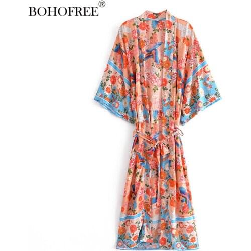 Vintage chic women floral print bat sleeve beach Bohemian kimono dresses robe Ladies V neck Tassel Summer Boho dress vestidos