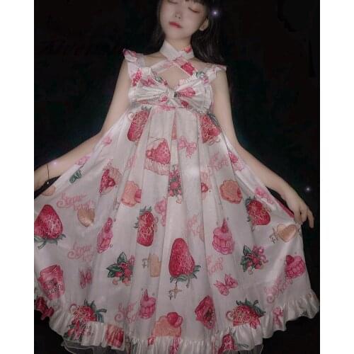 Japanese Lolita Sweet Sling JSK Dress Soft Girl Dresses Loli Printed Kawaii Girls Women Daily Party Ball Gown Vestidos AFC949