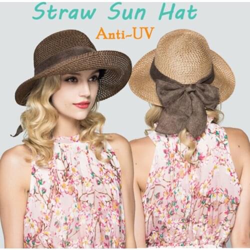 Women Ladies Casaul Boho Floppy Summer Wide Brim Ribbon Lace Up Straw Hat Beach Holiday Sun Foldable Cap