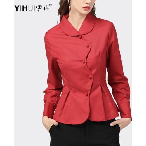 Fashion Peter Pan Collar Womens Red Tunic Shirt Long Sleeve Curve Button-Down Tops 2021 Autumn New Casual Office Vintage Blouses