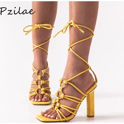 Pzilae Summer Narrow Band Metal Decoration Sandals Women High Heels Strappy Shoes Square Head Female Strange Style Women Pumps