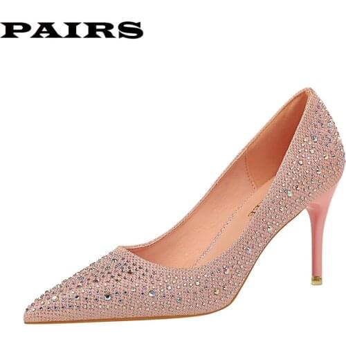 Women Pumps Extrem Sexy High Heels Women Shoes Thin Heels Female Wedding Shoes Party Shoes Crystal Pink Gold Ladies Shoes Size43