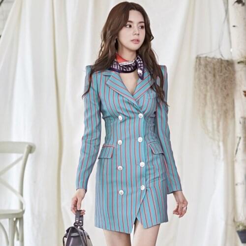 Korean Women Autumn Suit Collar Striped Pencil Dress Office Lady Long Sleeve Double-breasted Elegant Party Sexy Bodycon Dresses