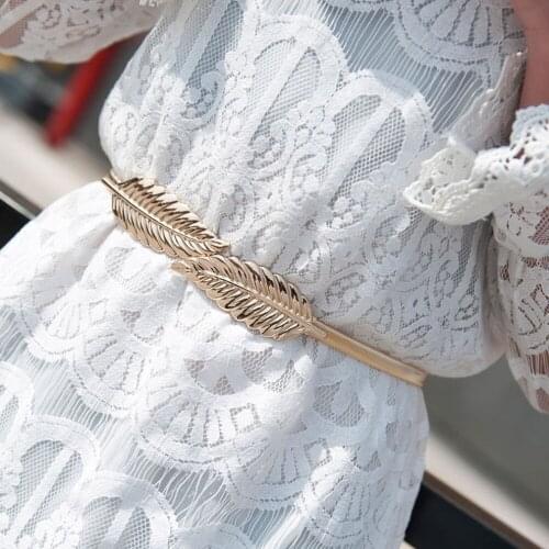 Women Belts Leaf Shape Belt Metal Leaves Cummerbund Clasp Front Stretch Waistband Gold Silver Elastic Waist Belt