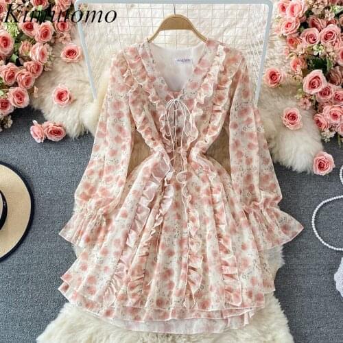 Kimutomo Ruffled V-neck Floral Dress Women Pink Puff Sleeve Dresses Autumn French Sweet Slim Waist Bandage A-line Mini Vestido