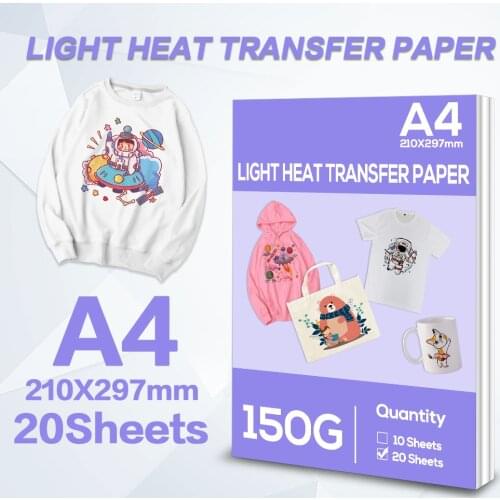 20 Sheets A4 Heat Transfer Paper for Light color Fabric Cotton Cloth T-shirt inkjet Printing Design for inkjet Printer 210*297mm