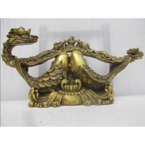 37 cm * / Large Chinese bronze carving carp, play pearl dragon ruyi statue