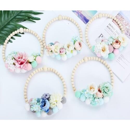 INS Nordic Style Wooden Beads Garland Hair Ball Flower Ring Ornaments Tent Wall Hanging Pendant Kids Room Decoration Photo Props