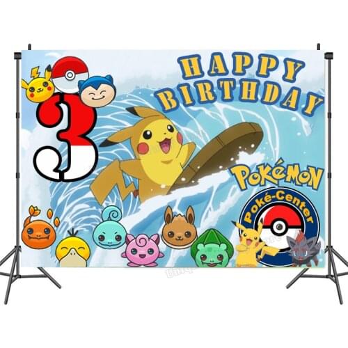 Pokemon Pikachu Photography Backdrop Happy Birthday Number Background Anime Printed Party Backdrop Wall Decoration Girl Boy Gift