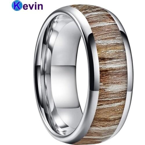 Tungsten Carbide Ring With Real Wood Inlay Dome Band 6MM 8MM Comfort Fit