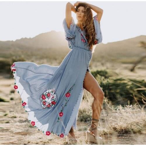 Summer travel seaside Bohemia goes vacationing embroider beach dress sex appeal V gets baggy long money dress