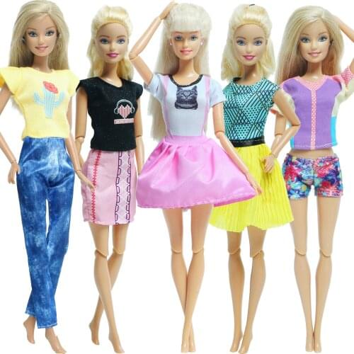 Summer Wear 5 Pcs/Set Doll Outfit Cute T-shirt Blouses Short Pants Mini Skirt Trousers Dress Clothes for Barbie Doll Accessories