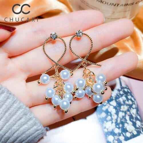 CHUCARI Korean Fashion Simulated Pearl Beads Dangle Brincos Grape Shaped Crossed S925 Silver Drop Earrings Bride Jewelry Women