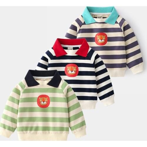 Mens Fashion Casual Striped Tops Boys Cotton Sweatshirt 2021 Baby Childrens Tiger Head Printed Lapel Sweater