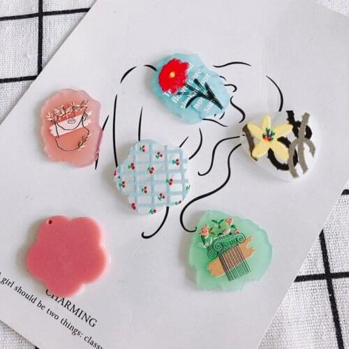 Newest 40pcs/lot color flowers pattern print geometry florals/square/irregular shape acrylic beads diy jewelry earring accessory