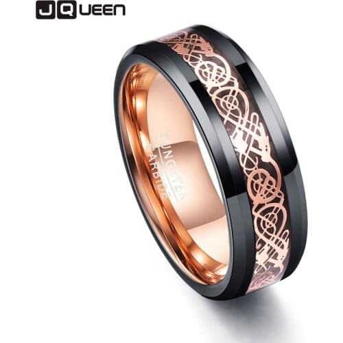 New Hot 8MM Wide Valentines Day Mens Rings Size 5-15 Rose Gold Dragon Pattern Tungsten Steel Ring T050R Jewelry