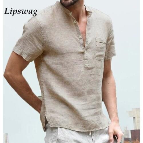 Solid Casual Short Sleeve Mens Tops Pullover Fashion Stand Collar Button Pocket Shirts Summer Vintage Linen Cotton Shirt For Men