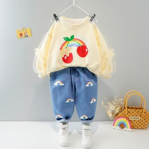 Autumn Children Girl Clothing Set Lace Sleeve Pullover Sweater + Cartoon Rainbow Fashion Toddler Girl Winter Clothes Outfits