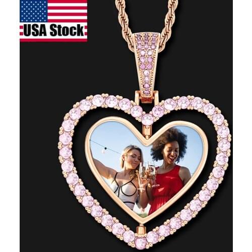 Heart Custom Photo Necklace Pendant Purple Zirconia Iced Out Rotating Double-Sided Medallions Pendant Men Hip Hop Jewelry Gift