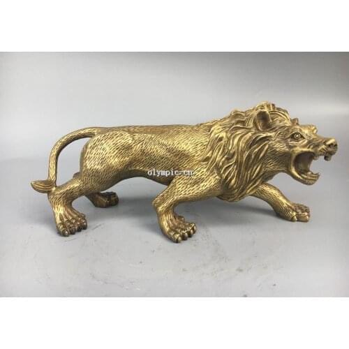 Pair 10'' Classica Brass carved animal ferocious beast male Lion statue