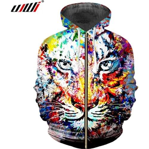 UJWI Men/Women 3D Zip Hoodies Printed Splashing Colorful Tiger Zipper Mens Trend Hip Hop Large Size Unisex Fashion Clothing