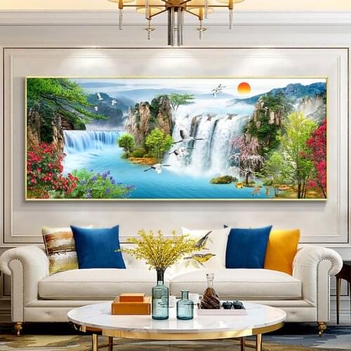 Waterfall Sunset Landscape Canvas Painting Lake Bird Posters and Prints Cuadros Forest Wall Art Picture for Living Room Decor