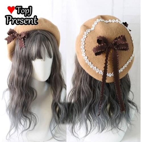 Japanese Beret Lolita girls sweet and lovely retro and versatile tweed bow painters hat autumn and winter