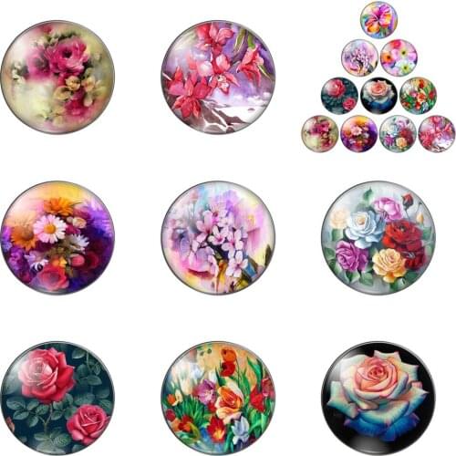 Flowers Sketch Painting Bright Round Photo Glass Cabochon Demo Flat Back Making Findings Handmade DIY Accessories