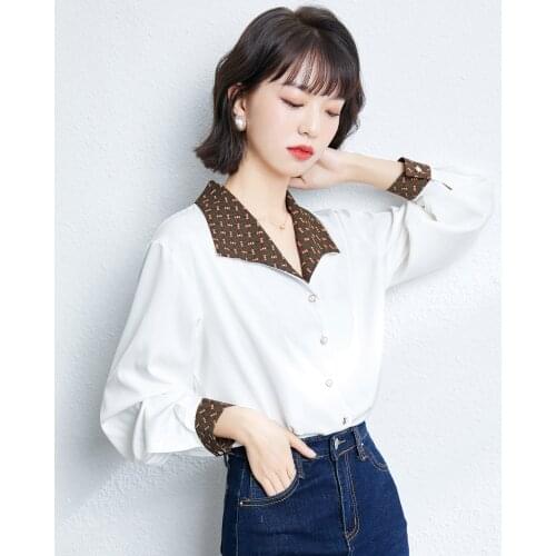 2021 Spring Autumn Fashion Femme Blouse Long Sleeve V-neck Office Work Wear Basic Shirts Tops White Cofffee Patchwork Slim