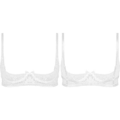 Womens Ladies Hot Erotic Tanks Sheer Lace Lingerie Spaghetti Straps 1/4 Cups Pearl Trimmed Apparel Sissy Underwired Bra Top