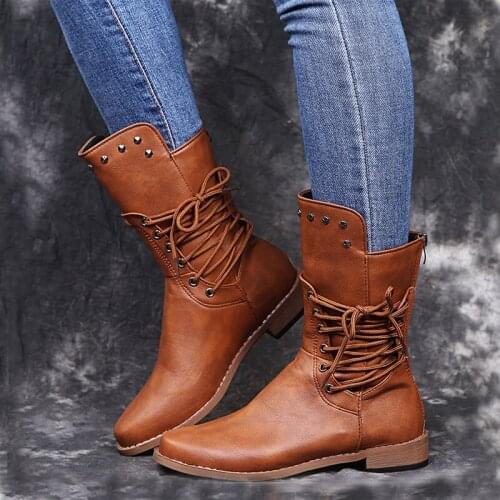 Women Flat Pu Cowboy Boots Female Cross-tie Rivet Mid-Calf Boots 2021 Autumn Winter Woman Low Square Heel Shoes Black Brown 43
