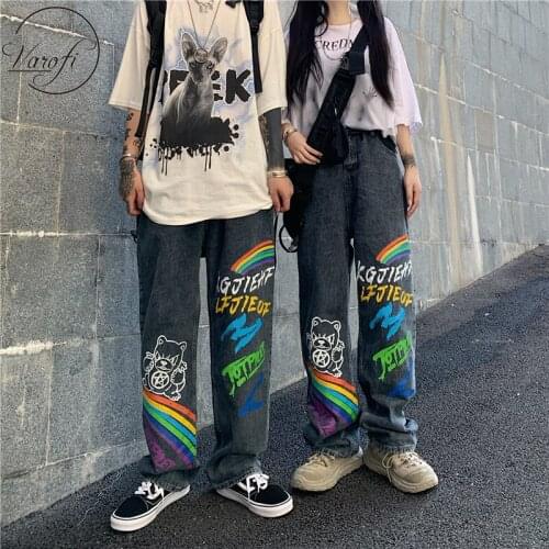 Varofi Personality graffiti rainbow print straight leg pants womens plus size high waist loose jeans boyfriend jeans baggy jean