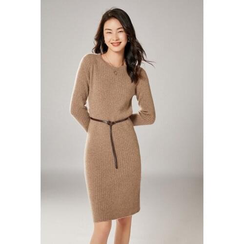 Women Sweaters Long Slim Jumpers 100% Pure Merino Wool Knitted Dresses Ladies 4Colors Soft Warm Pullovers for Female Clothes
